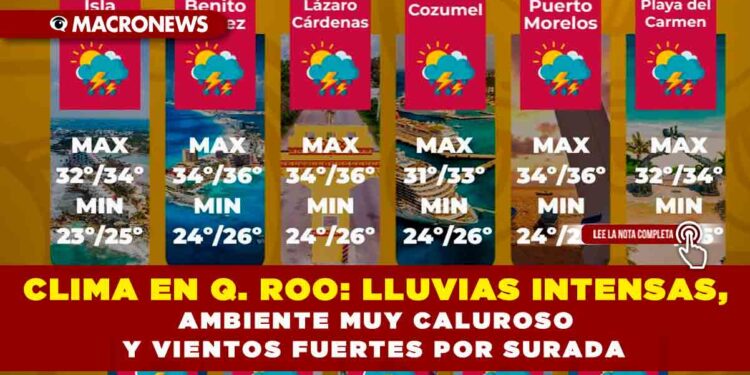 CLIMA EN QUINTANA ROO: LLUVIAS INTENSAS, AMBIENTE MUY CALUROSO Y VIENTOS FUERTES POR SURADA