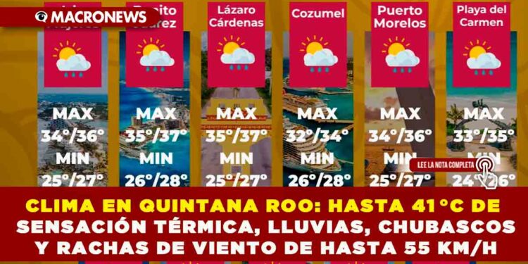 CLIMA EN QUINTANA ROO: HASTA 41 °C DE SENSACIÓN TÉRMICA, LLUVIAS, CHUBASCOS Y RACHAS DE VIENTO DE HASTA 55 KM/H