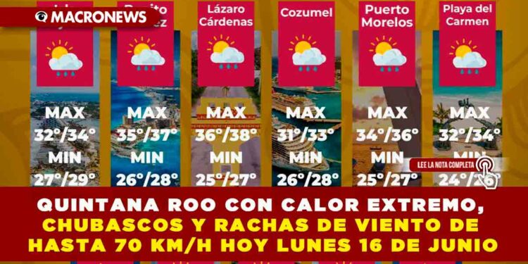 QUINTANA ROO CON CALOR EXTREMO, CHUBASCOS Y RACHAS DE VIENTO DE HASTA 70 KM/H HOY LUNES 16 DE JUNIO