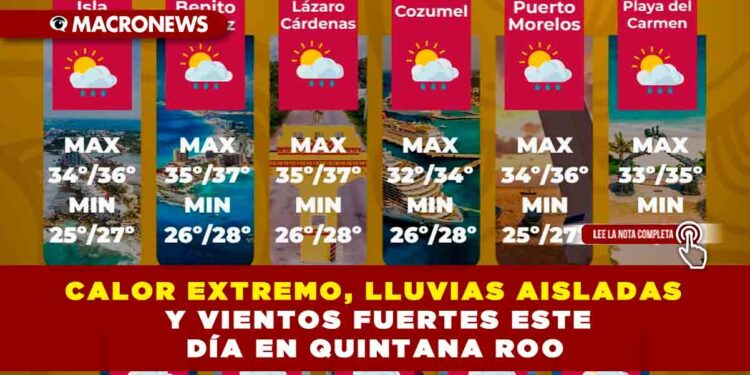 CALOR EXTREMO, LLUVIAS AISLADAS Y VIENTOS FUERTES ESTE DÍA EN QUINTANA ROO