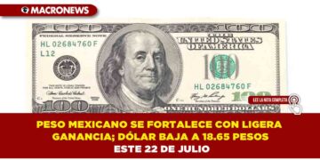 PESO MEXICANO SE FORTALECE CON LIGERA GANANCIA; DÓLAR BAJA A 18.65 PESOS ESTE 22 DE JULIO