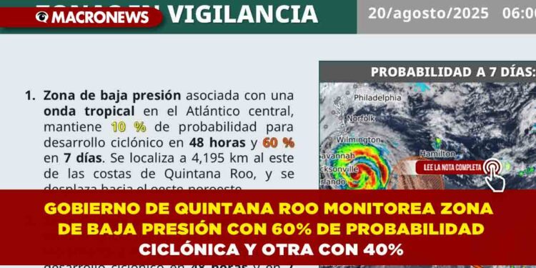 GOBIERNO DE QUINTANA ROO MONITOREA ZONA DE BAJA PRESIÓN CON 60% DE PROBABILIDAD CICLÓNICA Y OTRA CON 40%