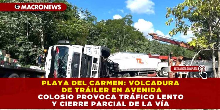 PLAYA DEL CARMEN: VOLCADURA DE TRÁILER EN AVENIDA COLOSIO PROVOCA TRÁFICO LENTO Y CIERRE PARCIAL DE LA VÍA