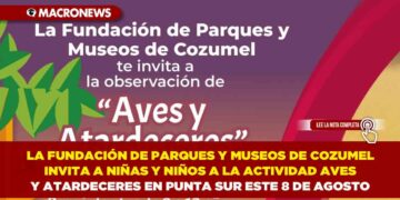 LA FUNDACIÓN DE PARQUES Y MUSEOS DE COZUMEL INVITA A NIÑAS Y NIÑOS A LA ACTIVIDAD AVES Y ATARDECERES EN PUNTA SUR ESTE 8 DE AGOSTO