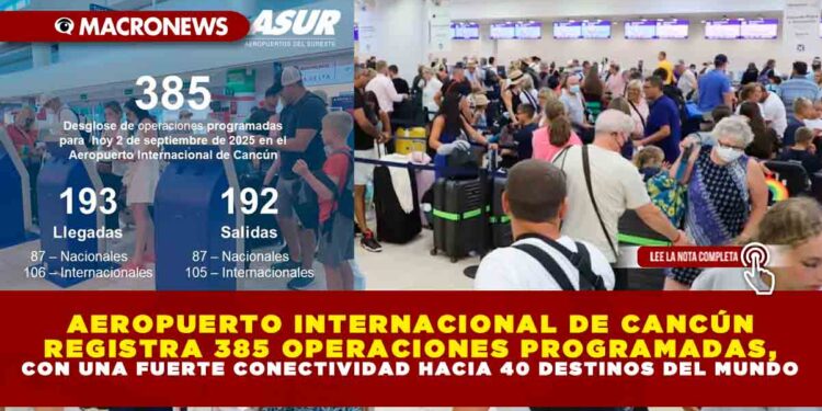 AEROPUERTO INTERNACIONAL DE CANCÚN REGISTRA 385 OPERACIONES PROGRAMADAS, CON UNA FUERTE CONECTIVIDAD HACIA 40 DESTINOS DEL MUNDO
