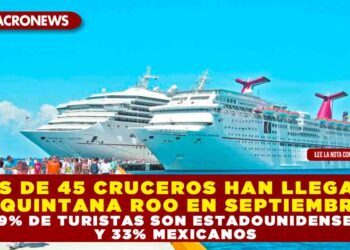 MÁS DE 45 CRUCEROS HAN LLEGADO A QUINTANA ROO EN SEPTIEMBRE; 39% DE TURISTAS SON ESTADOUNIDENSES Y 33% MEXICANOS