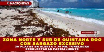 ZONA NORTE Y SUR DE QUINTANA ROO CON SARGAZO EXCESIVO: 30 PLAYAS EN ALERTA Y 76 MIL TONELADAS RECOLECTADAS PARCIALMENTE