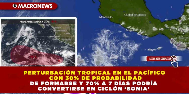 PERTURBACIÓN TROPICAL EN EL PACÍFICO CON 30% DE PROBABILIDAD DE FORMARSE Y 70% A 7 DÍAS PODRÍA CONVERTIRSE EN CICLÓN ‘SONIA’