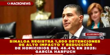 SINALOA REGISTRA 1,800 DETENCIONES DE ALTO IMPACTO Y REDUCCIÓN DE HOMICIDIOS DEL 46.4 % EN 2025: GARCÍA HARFUCH