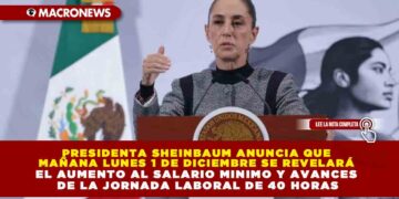 PRESIDENTA SHEINBAUM ANUNCIA QUE MAÑANA LUNES 1 DE DICIEMBRE SE REVELARÁ EL AUMENTO AL SALARIO MINIMO Y AVANCES DE LA JORNADA LABORAL DE 40 HORAS
