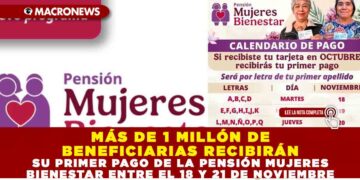 MÁS DE 1 MILLÓN DE BENEFICIARIAS RECIBIRÁN SU PRIMER PAGO DE LA PENSIÓN MUJERES BIENESTAR ENTRE EL 18 Y 21 DE NOVIEMBRE