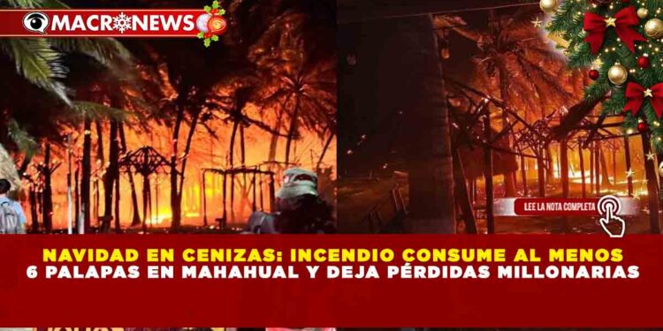 NAVIDAD EN CENIZAS: INCENDIO CONSUME AL MENOS 6 PALAPAS EN MAHAHUAL Y DEJA PÉRDIDAS MILLONARIAS