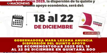 GOBERNADORA MARA LEZAMA ANUNCIA DISPERSIÓN DEL QUINTO APOYO DE #COMEMOSTOD@S 2025 DEL 18 AL 22 DE DICIEMBRE EN QUINTANA ROO
