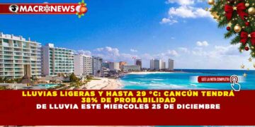 LLUVIAS LIGERAS Y HASTA 29 °C: CANCÚN TENDRÁ 38% DE PROBABILIDAD DE LLUVIA ESTE MIERCOLES 25 DE DICIEMBRE