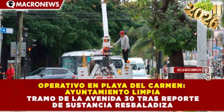 OPERATIVO EN PLAYA DEL CARMEN: AYUNTAMIENTO LIMPIA TRAMO DE LA AVENIDA 30 TRAS REPORTE DE SUSTANCIA RESBALADIZA
