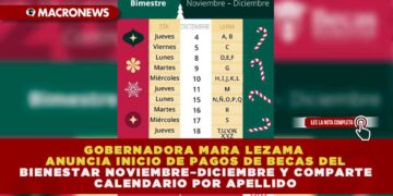 GOBERNADORA MARA LEZAMA ANUNCIA INICIO DE PAGOS DE BECAS DEL BIENESTAR NOVIEMBRE–DICIEMBRE Y COMPARTE CALENDARIO POR APELLIDO