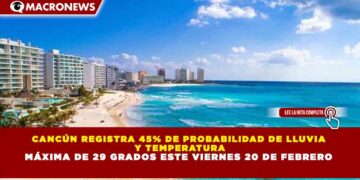CANCÚN REGISTRA 45% DE PROBABILIDAD DE LLUVIA Y TEMPERATURA MÁXIMA DE 29 GRADOS ESTE VIERNES 20 DE FEBRERO