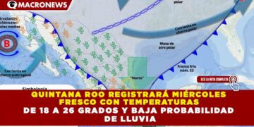 QUINTANA ROO REGISTRARÁ MIÉRCOLES FRESCO CON TEMPERATURAS DE 18 A 26 GRADOS Y BAJA PROBABILIDAD DE LLUVIA