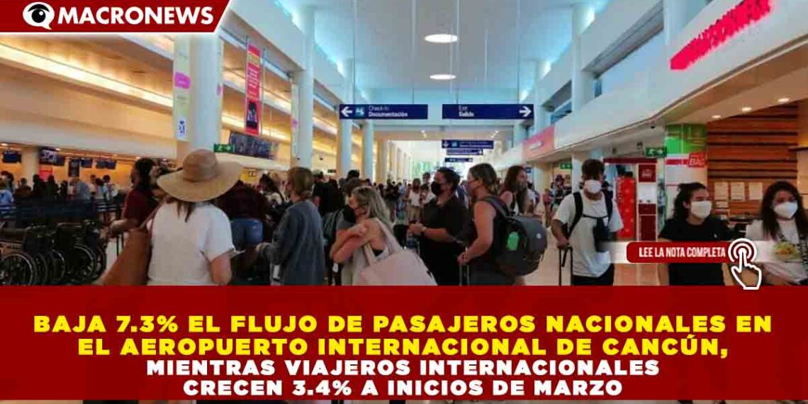 BAJA 7.3% EL FLUJO DE PASAJEROS NACIONALES EN EL AEROPUERTO INTERNACIONAL DE CANCÚN, MIENTRAS VIAJEROS INTERNACIONALES CRECEN 3.4% A INICIOS DE MARZO