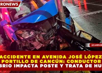 ACCIDENTE EN AVENIDA JOSÉ LÓPEZ PORTILLO EN CANCÚN: CONDUCTOR EBRIO IMPACTA POSTE Y TRATA DE HUIR