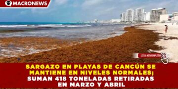 SARGAZO EN PLAYAS DE CANCÚN SE MANTIENE EN NIVELES NORMALES; SUMAN 418 TONELADAS RETIRADAS EN MARZO Y ABRIL